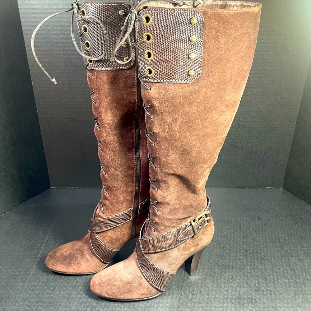 Vintage BNWOB Cole Haan Tall Chocolate Suede lace and zip up SEXY boots 6M $firm